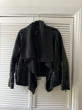 G.I.L.I. Black Faux Leather Draped Jacket with Knit Shawl Collar